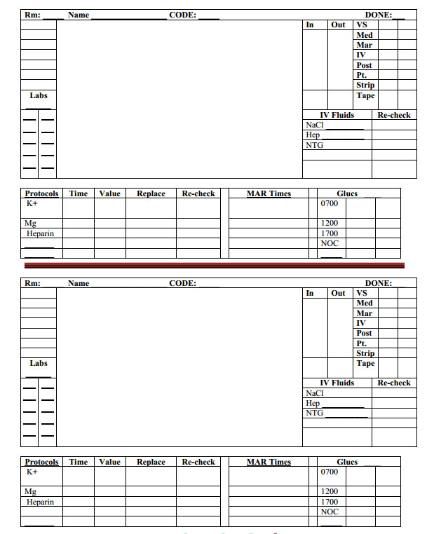 Nurse Brain Sheet - Hour, Day, Night Rotation