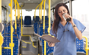 Nurse reading on bus