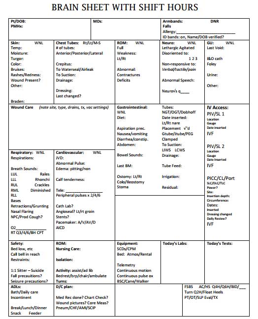 Nurse Brain Sheets - Shift Hours