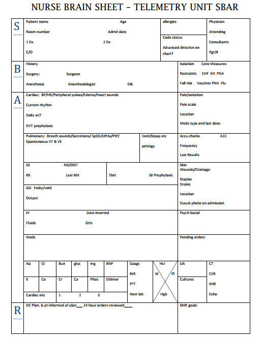 Nurse Brain Sheets - Telemetry Unit SBAR